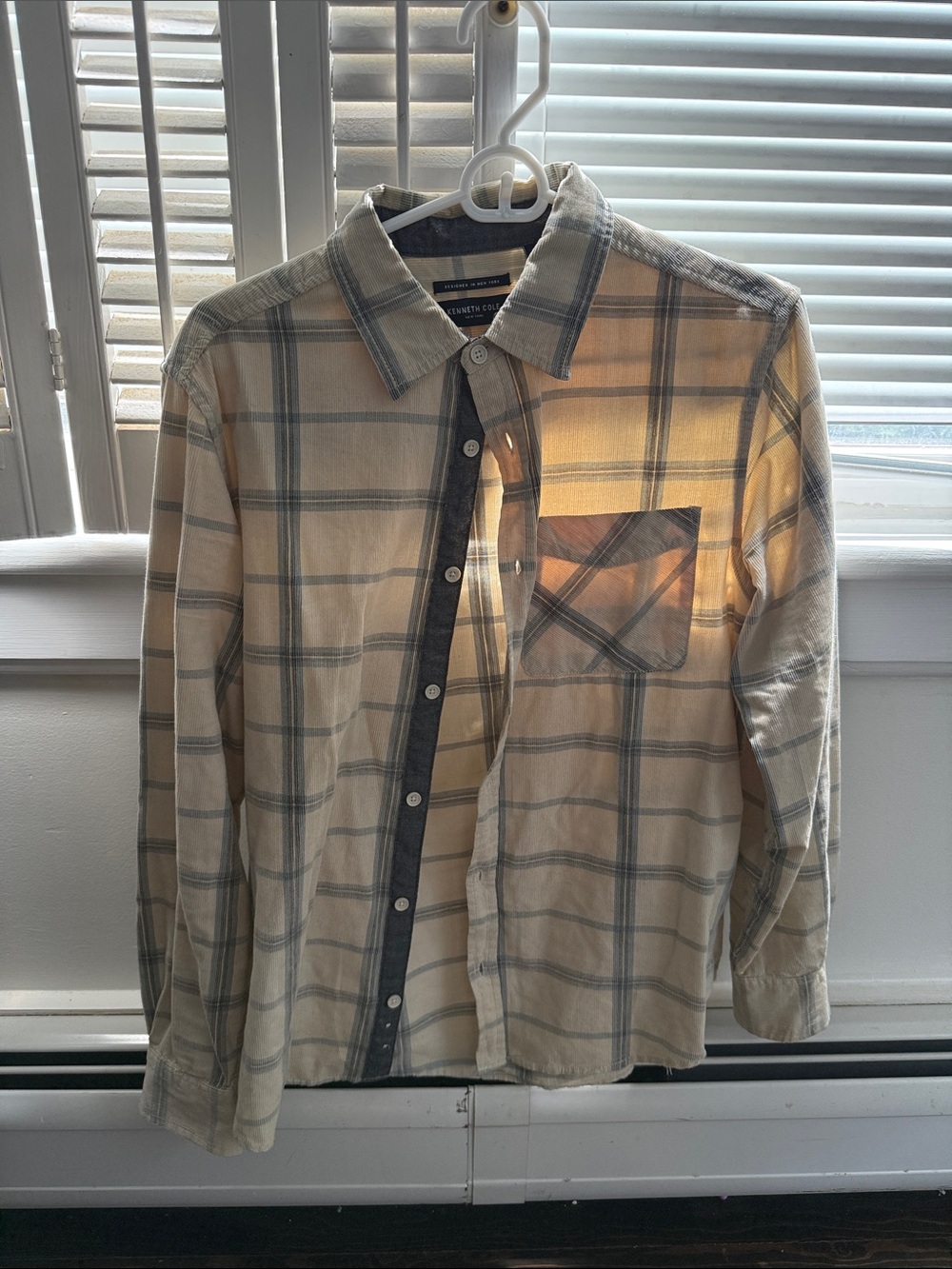 Kenneth Cole Cream and Gray Plaid Button-Down Shirt